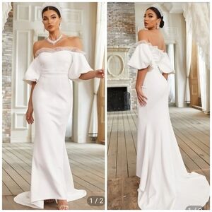 NEW Off Shoulder Contrast Mesh Mermaid Hem White Puff Sleeve Wedding Dre…